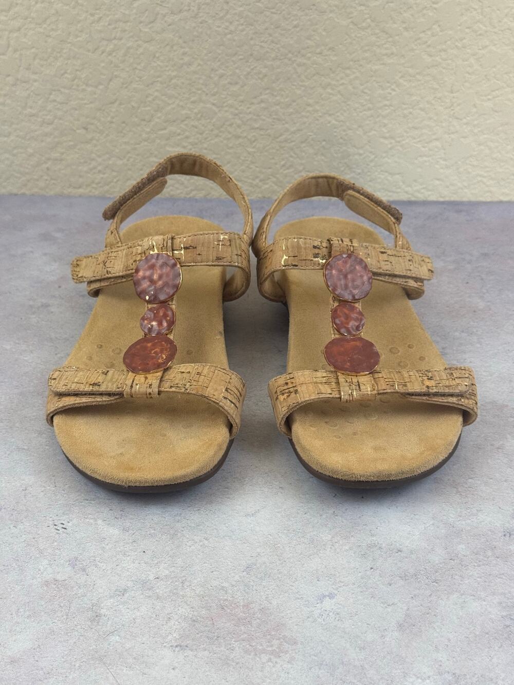 Vionic Women's Tan Farra Cork Slingback T-Strap Flat Sandals Size 7